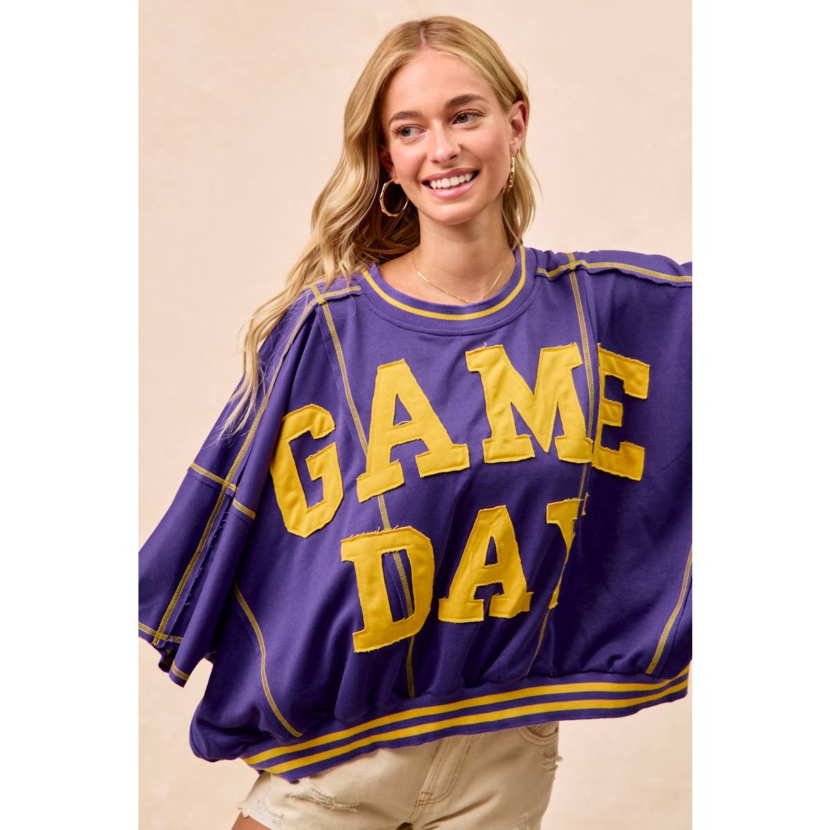 GAMEDAY PATCHWORK STITCH DETAIL FRENCH TERRY TOP