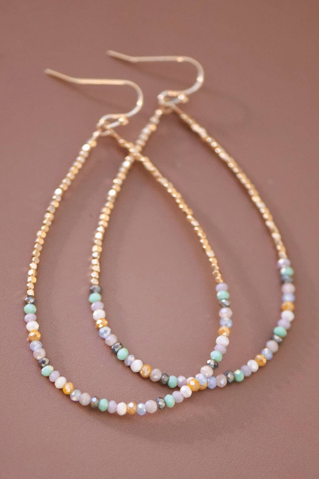 Teardrop Wire Beaded Earrings with Glass Crystals - 6111