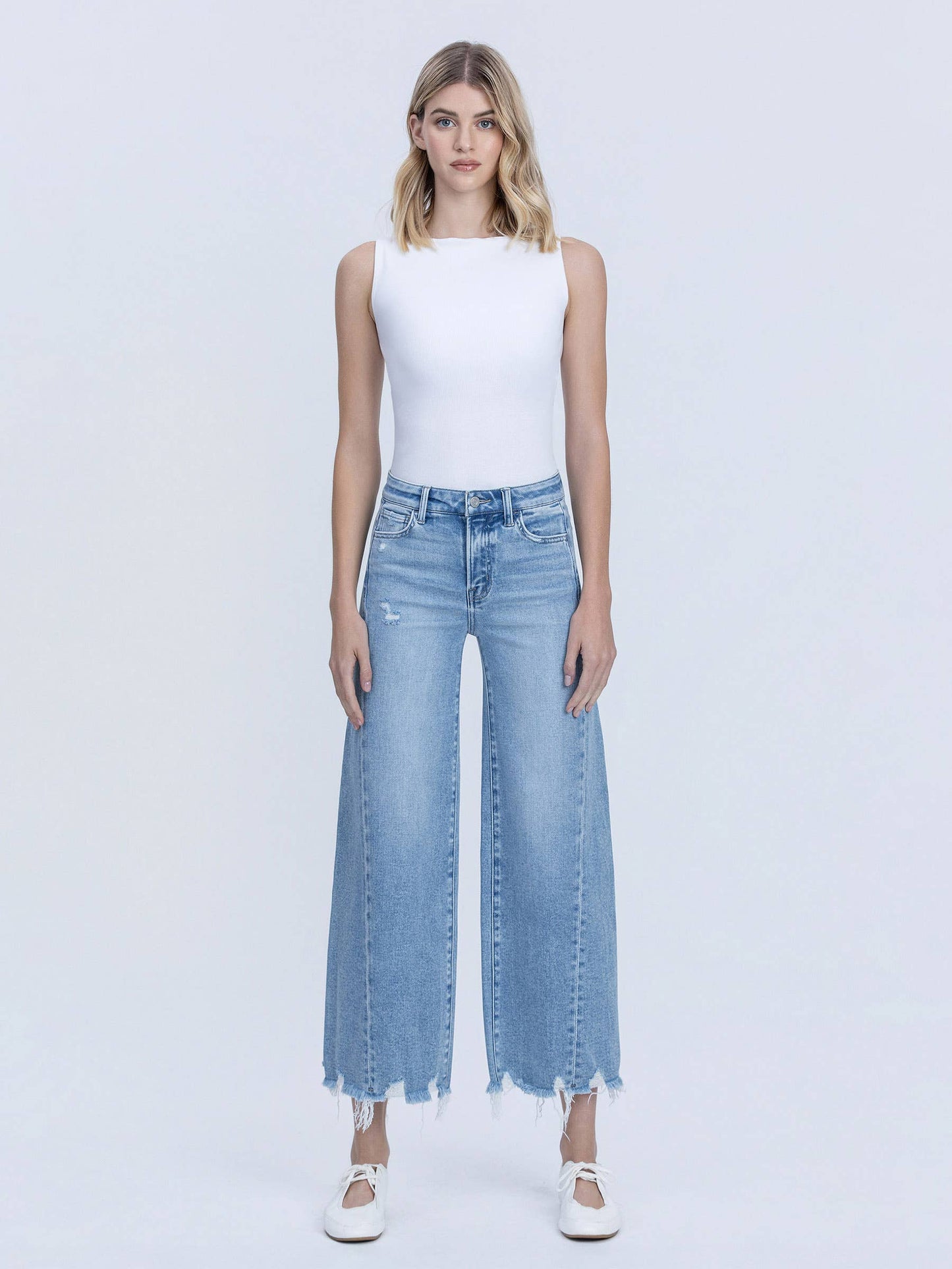HIGH RISE MEDIUM LIGHT SIDE PANEL CROP WIDE JEANS T7296