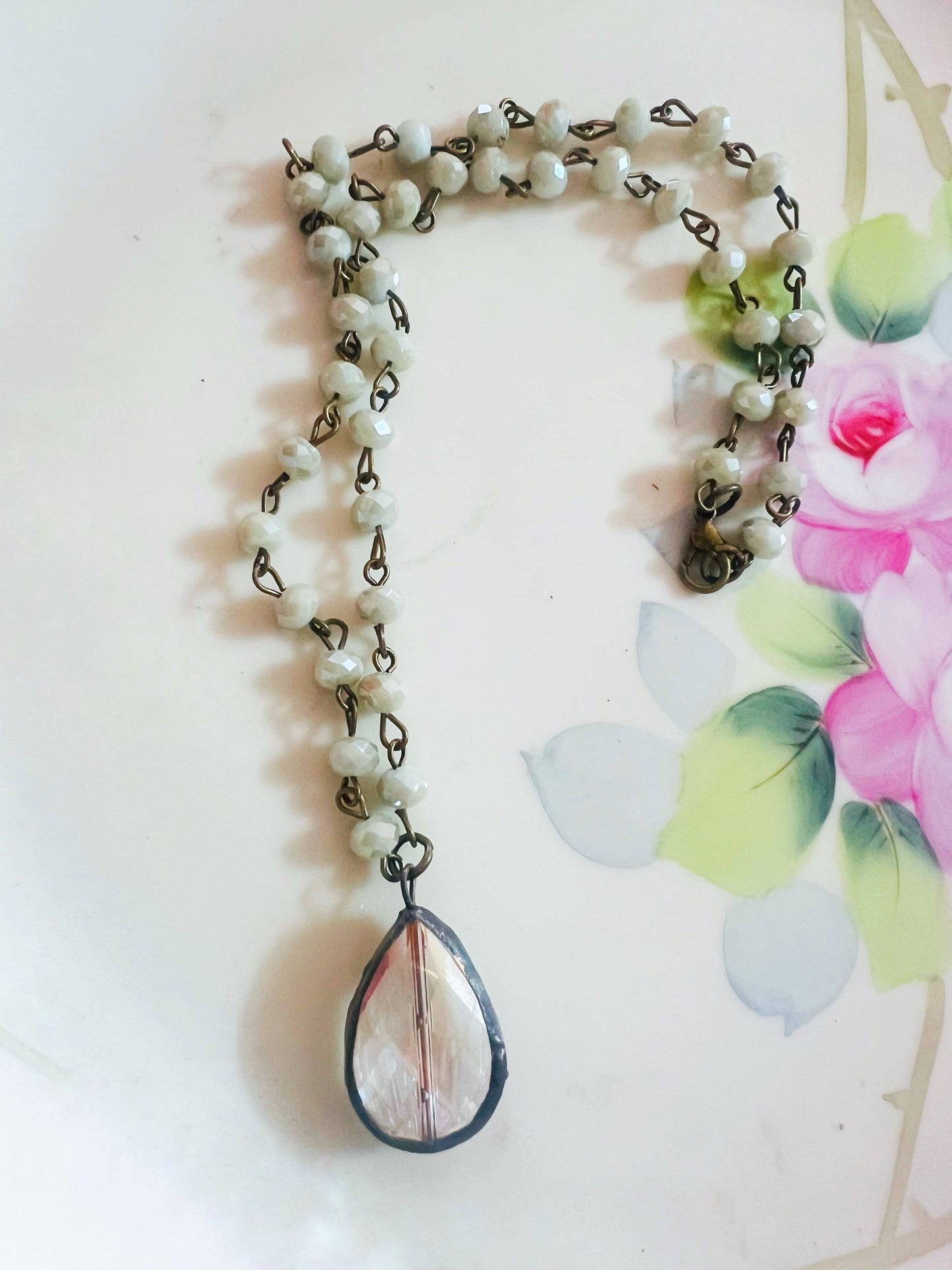 Soldered Crystal Drop Sage Green Beaded Chain Necklace