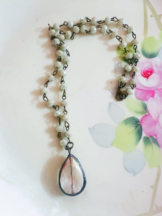 Soldered Crystal Drop Sage Green Beaded Chain Necklace