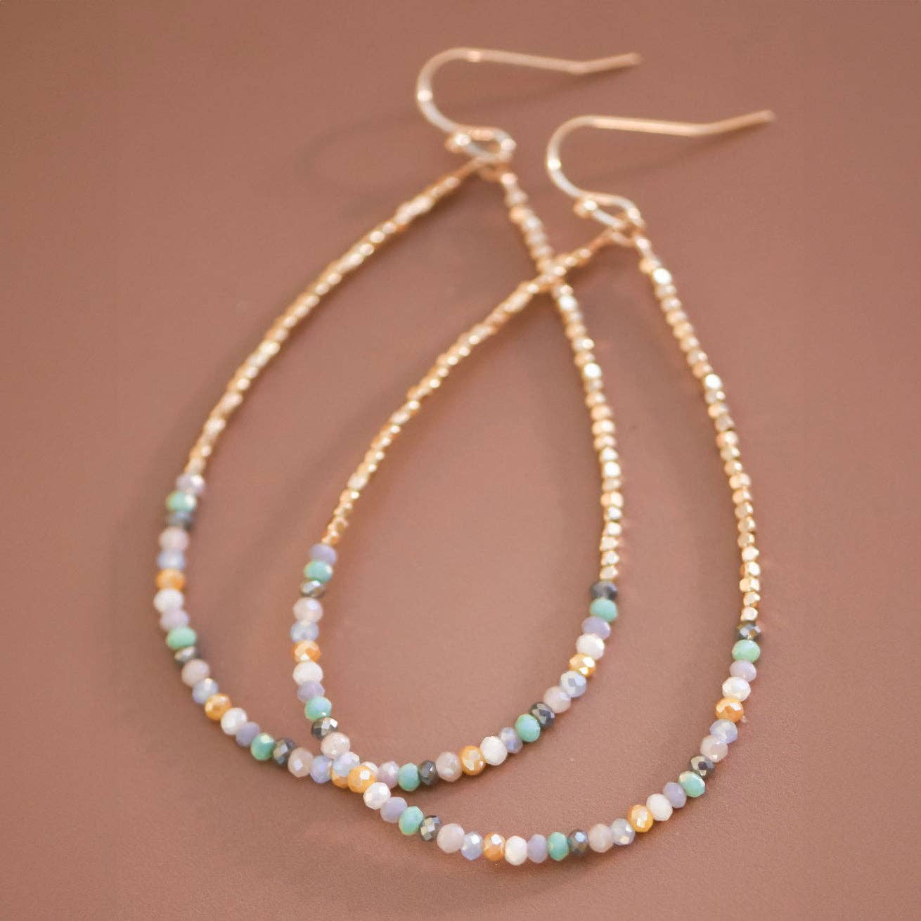 Teardrop Wire Beaded Earrings with Glass Crystals - 6111