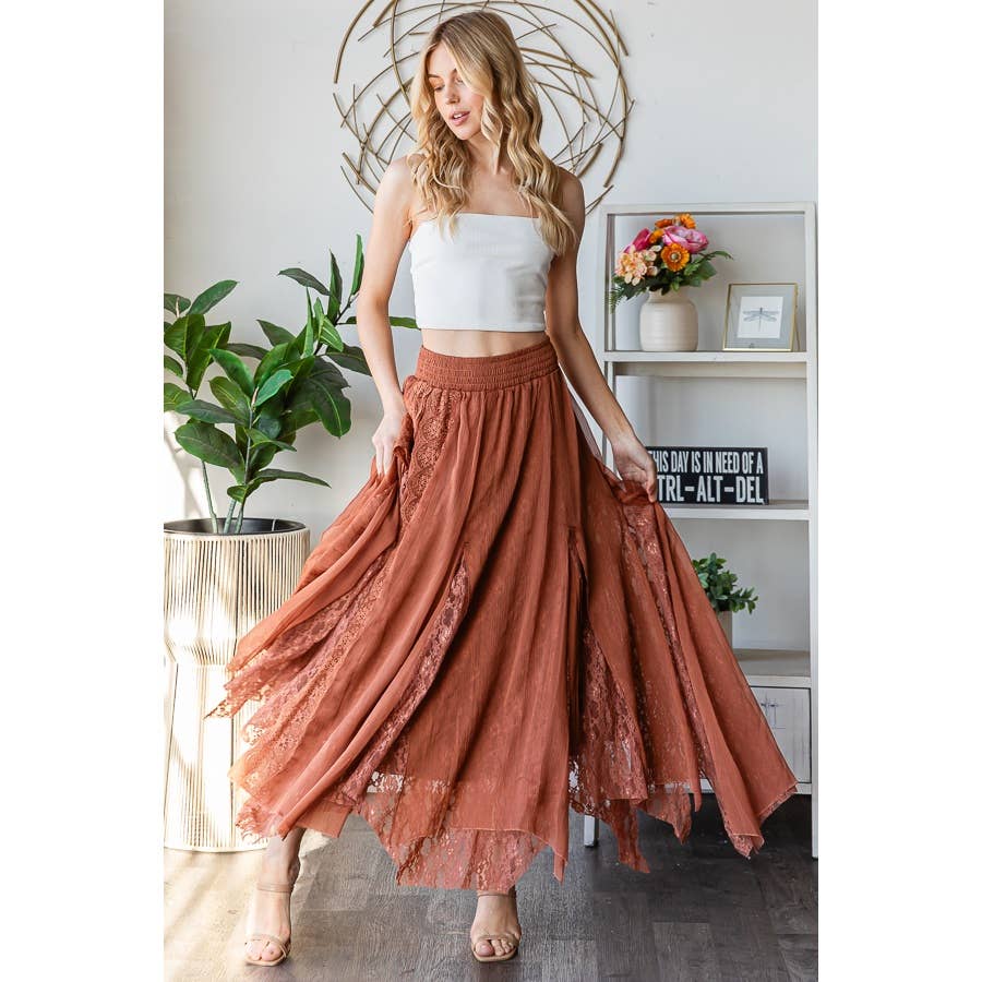 CHIFFON LACE MIXED OVERLAY A-LINE MIDI SKIRT