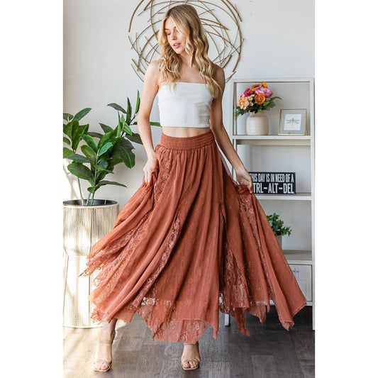 CHIFFON LACE MIXED OVERLAY A-LINE MIDI SKIRT