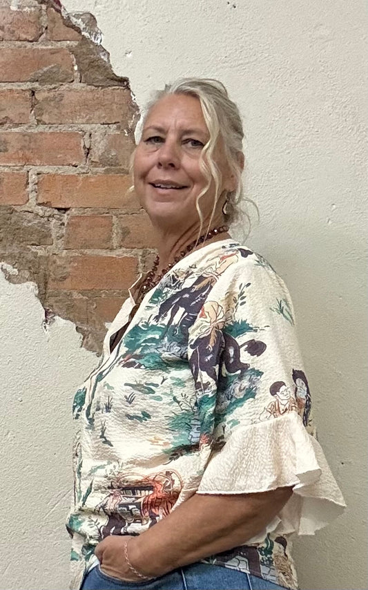 Wild Western Cowboy & Floral Print Ruffle Sleeve Top