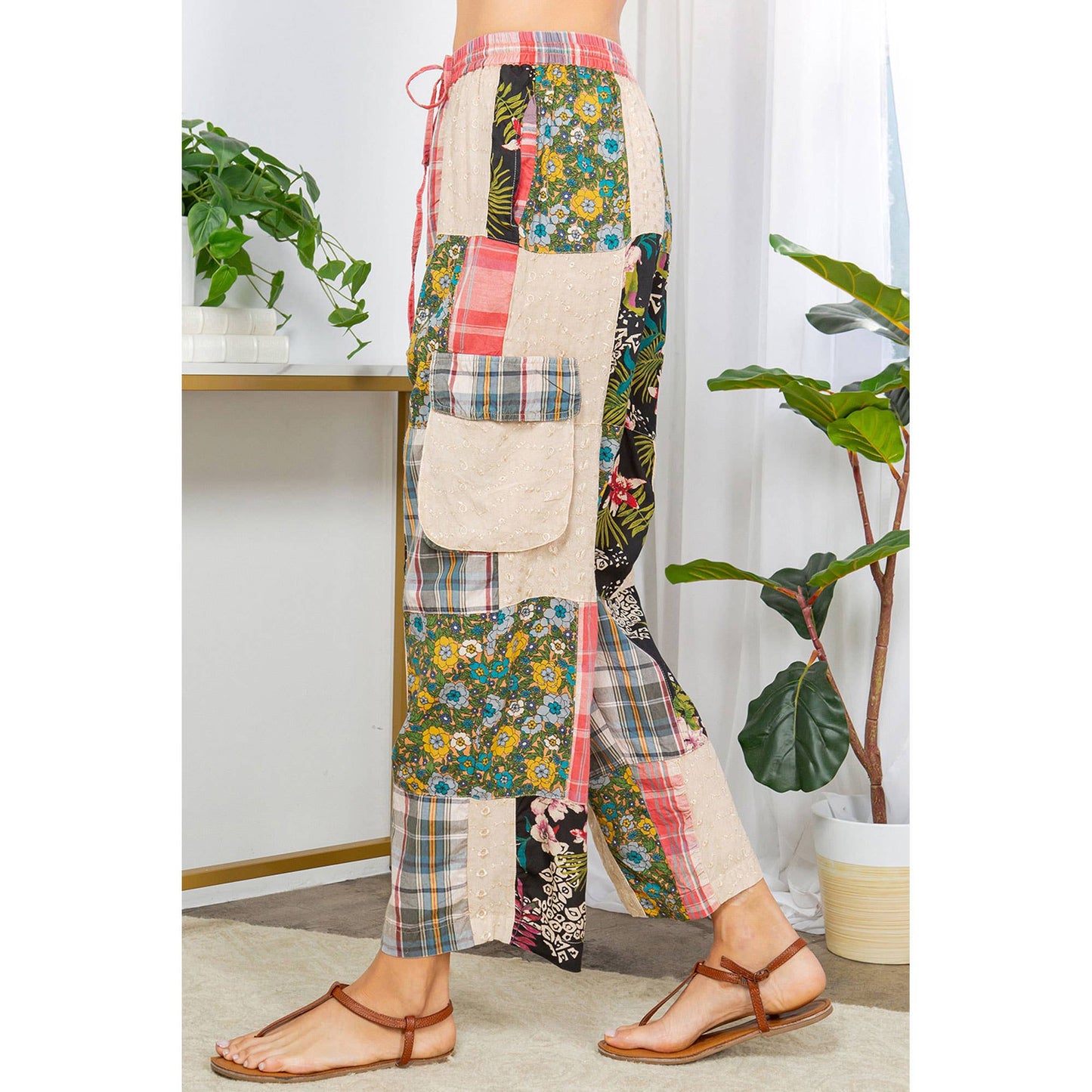 Bohemian Patchwork Straight Pant Plaid & Schiffli Embroidery