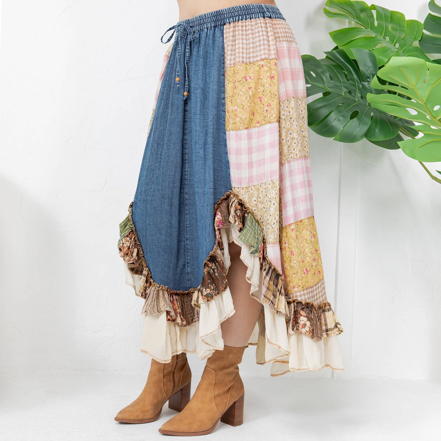 Western Boho Chic: Patchwork Midi Skirt