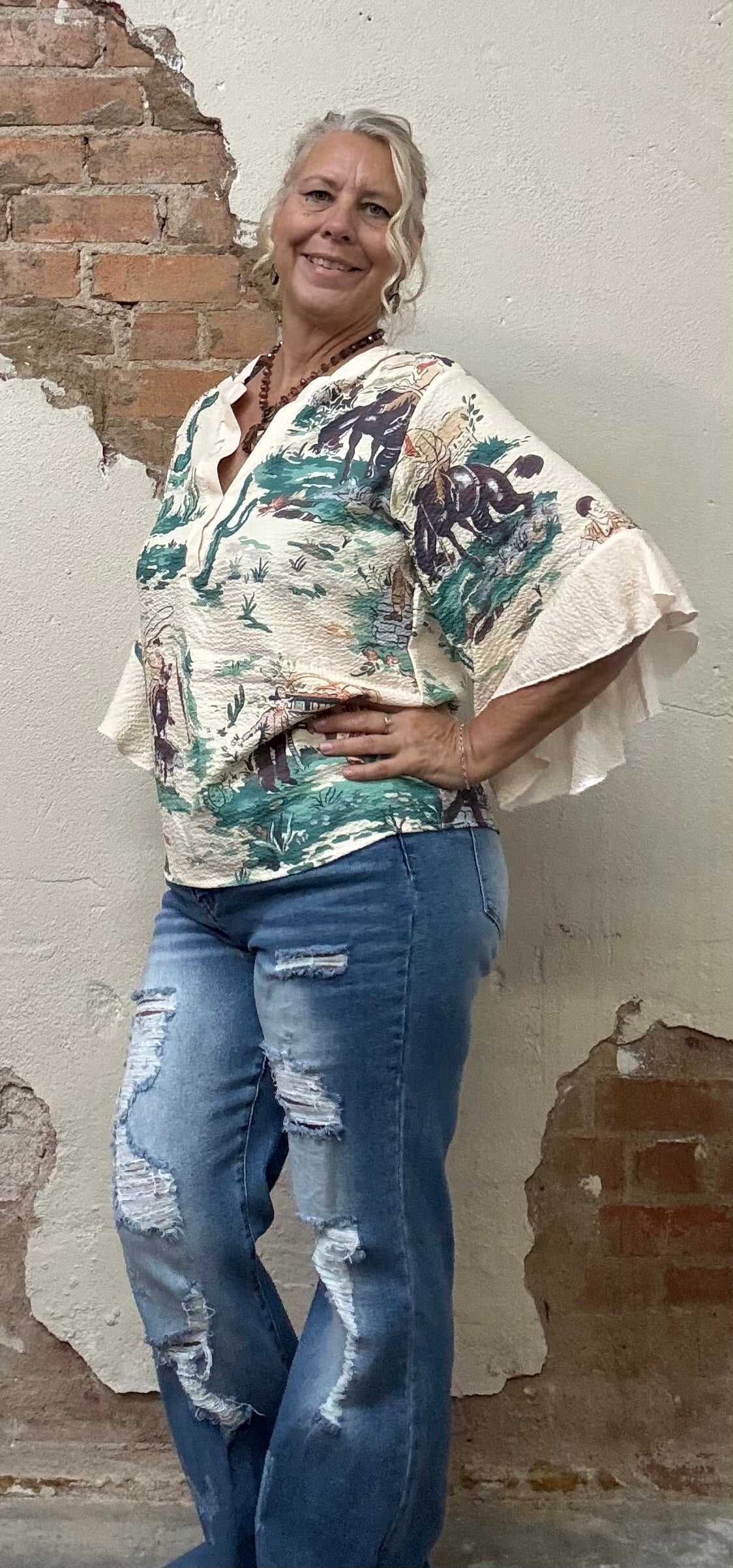 Wild Western Cowboy & Floral Print Ruffle Sleeve Top