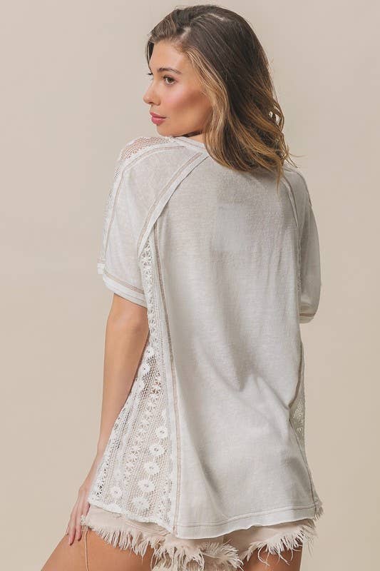 Slub Jersey Lace Combo Top With Contrast Stitching
