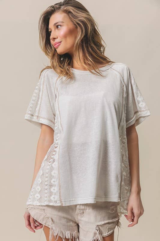 Slub Jersey Lace Combo Top With Contrast Stitching