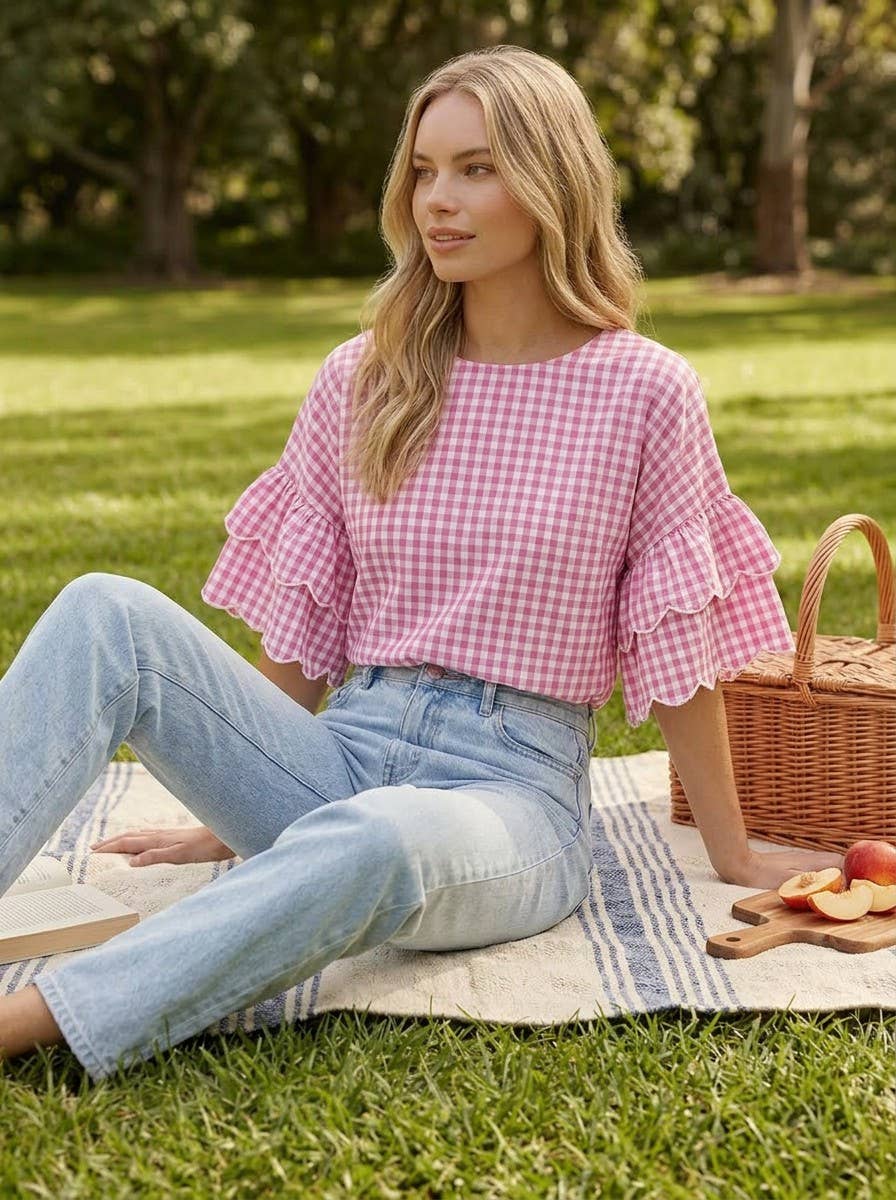 Charming Gingham Scallop Edge Wild Ruffle Cotton Top VT83548