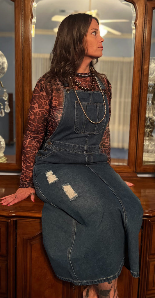 Distressed Ripped denim overall dress