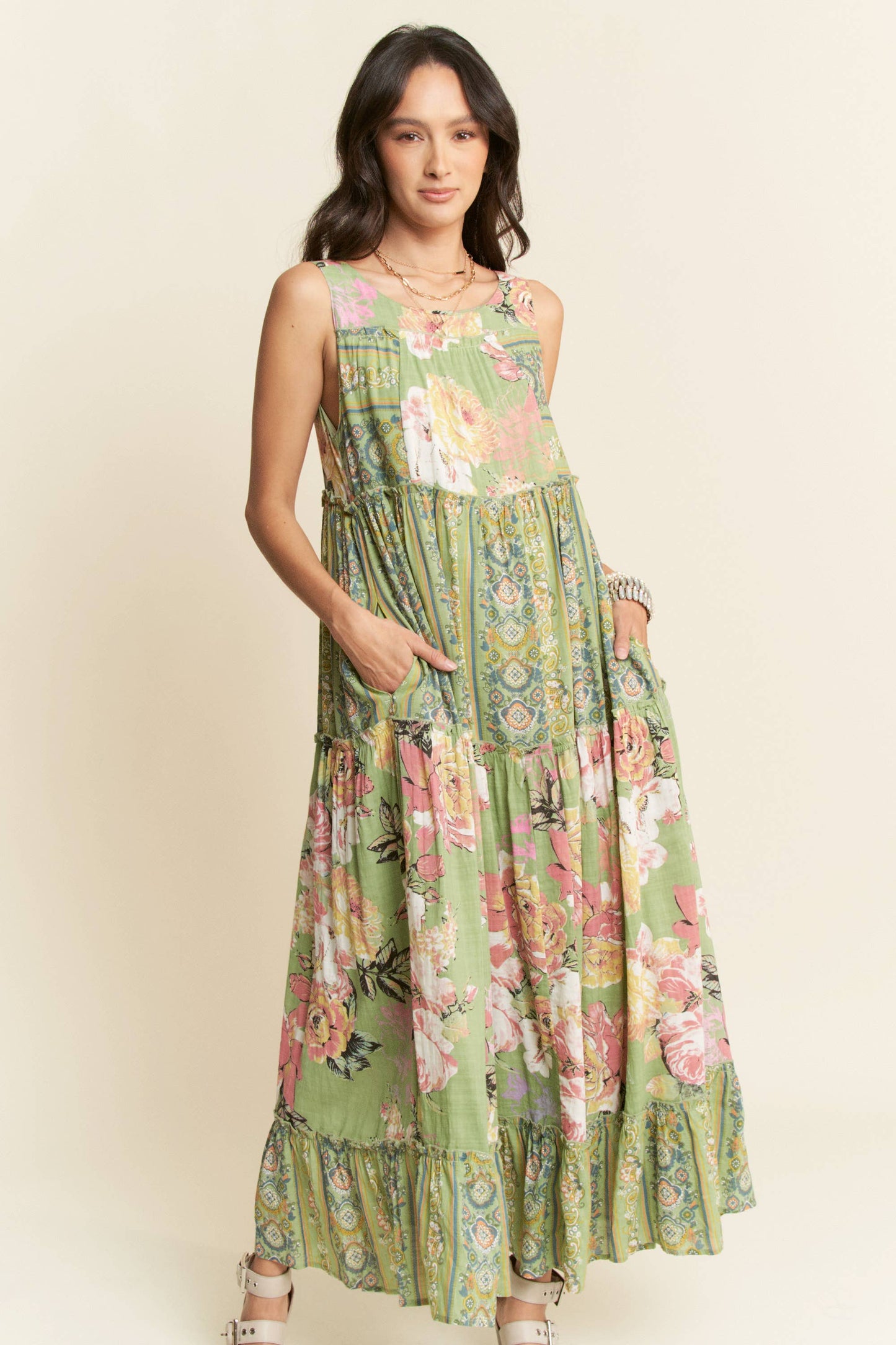 FLORAL BOHO STRIPE MIXED FULL SKIRT MIXI DRESS