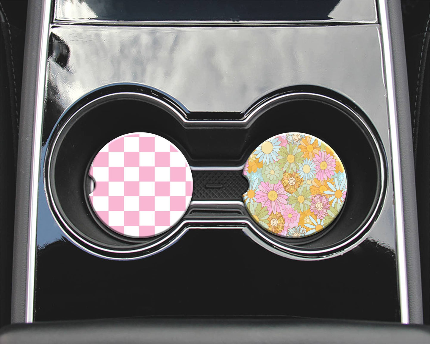 2 Car Coasters, Retro Floral and Pink Check