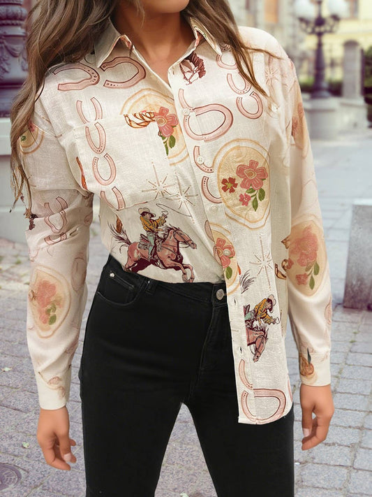 Western Pattern Print Button-up Loose Shirt
