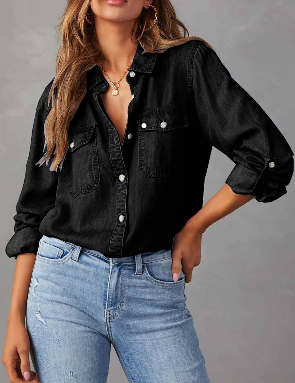 Casual Lapel Collar Button Down Denim Shirt DP25E568