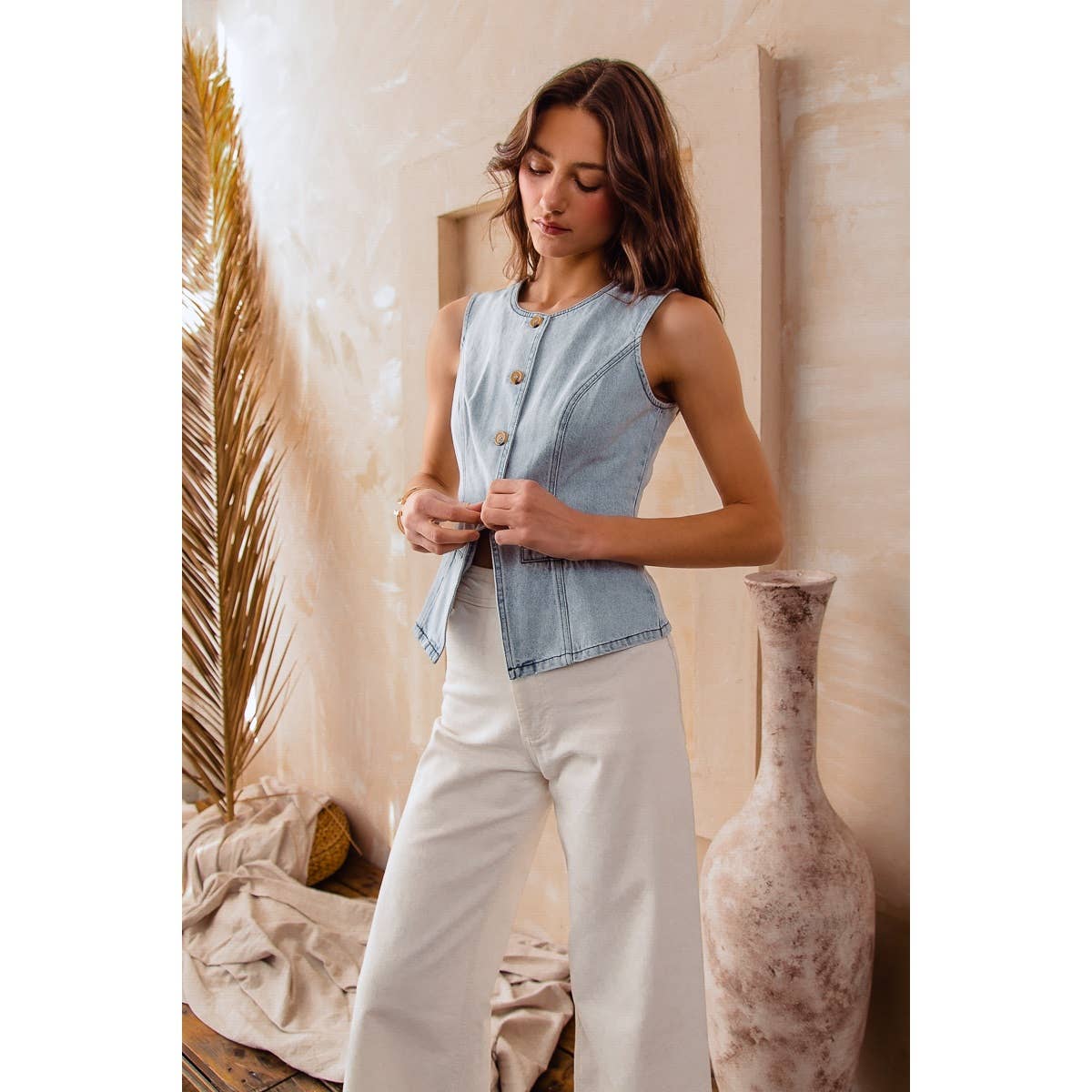 SLIM FIT BUTTON FRONT DENIM VEST TOP