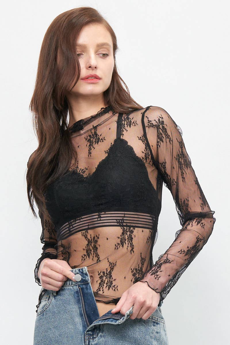 LONG SLEEVE SHEER LACE MESH TOP