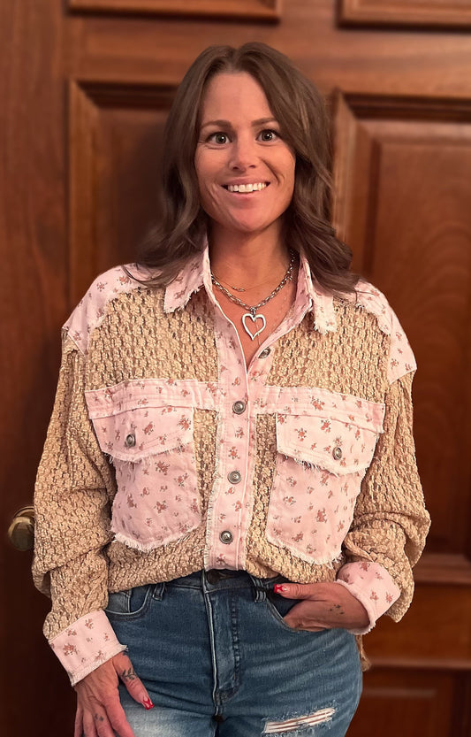 Long sleeve contrast woven chambray cotton shirt