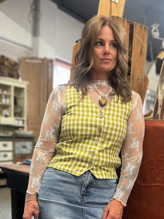 GREEN GINGHAM SNAP VEST