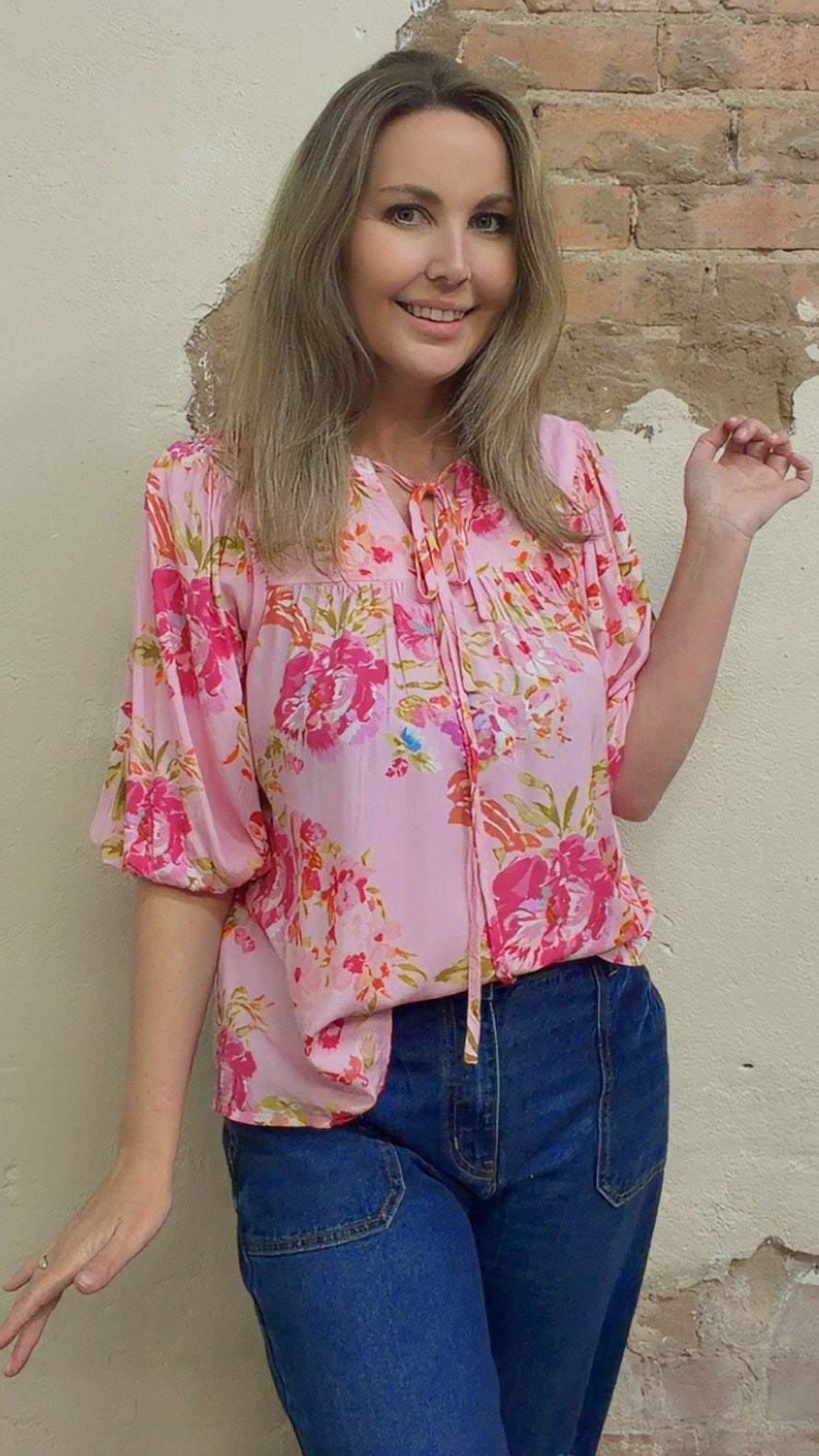 Floral Print Tie Neck Puffy Half Sleeve Blouse (S-XL)