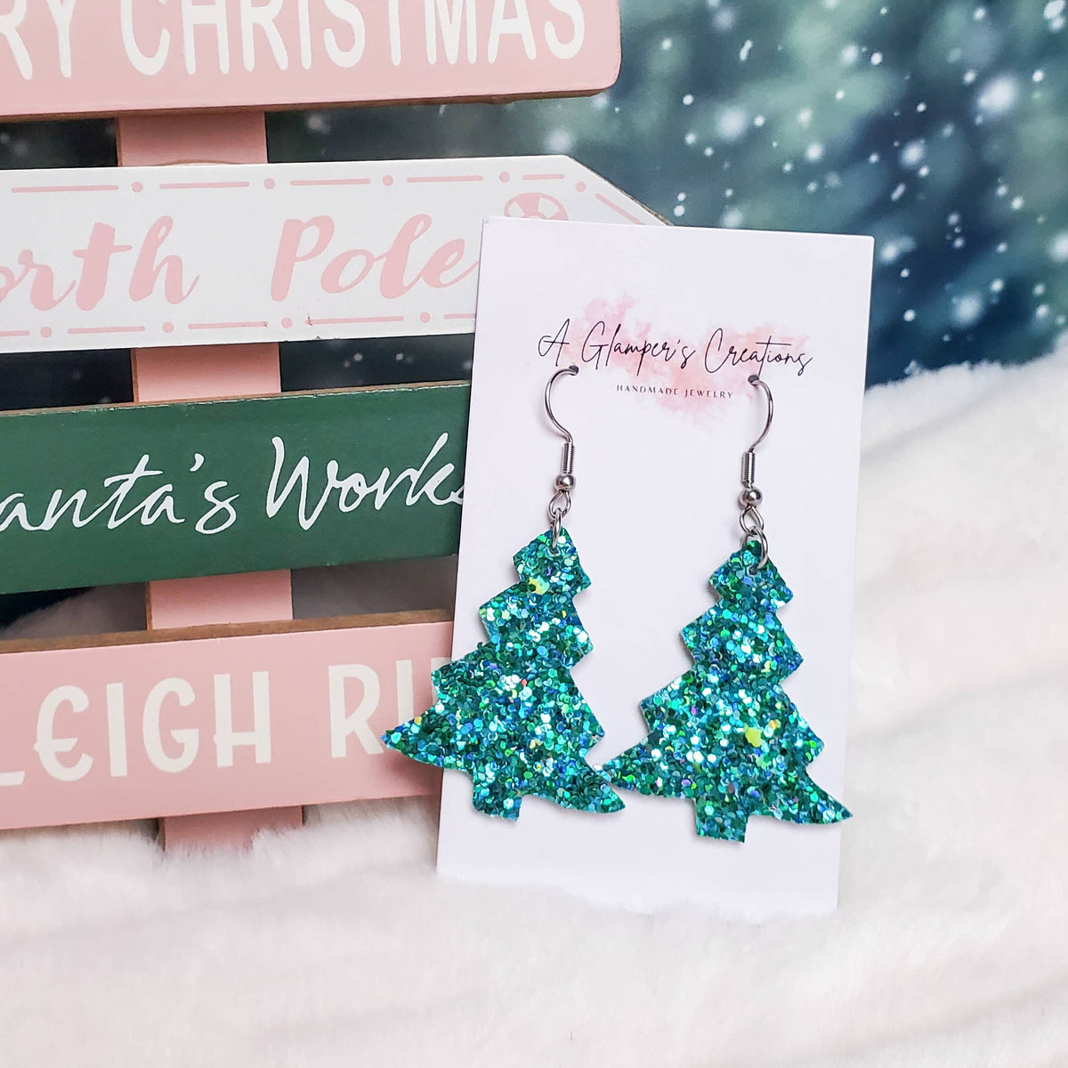 Turquoise Glitter Christmas Tree Leather Earrings