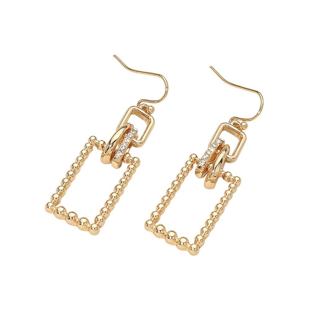 Stone Pave Linked Metal Beaded Rectangle Drop Earrings