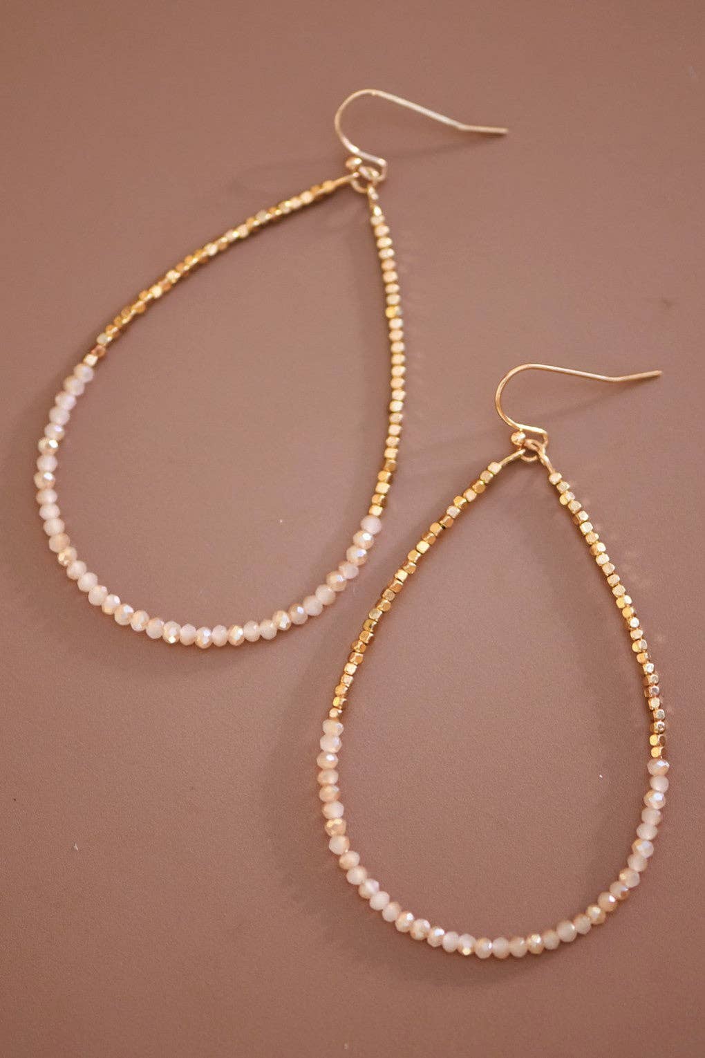 Gold Beaded Hollow Drop Earrings with Glass Beads - 5956