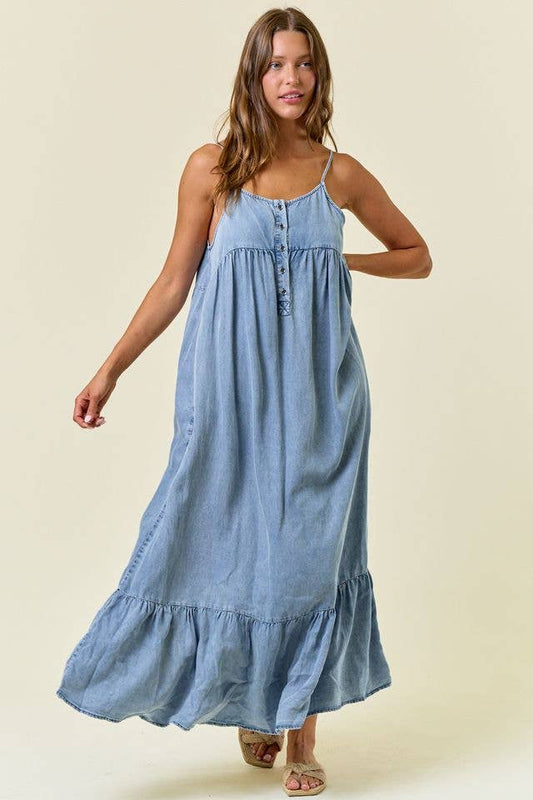 Tencel Chambray Tiered Ruffled Skirt Midi Dress -