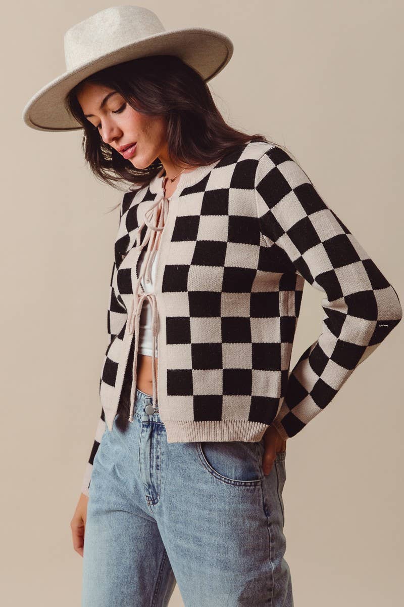 Tie Front Checkered Knitted Round Neck Cardigan
