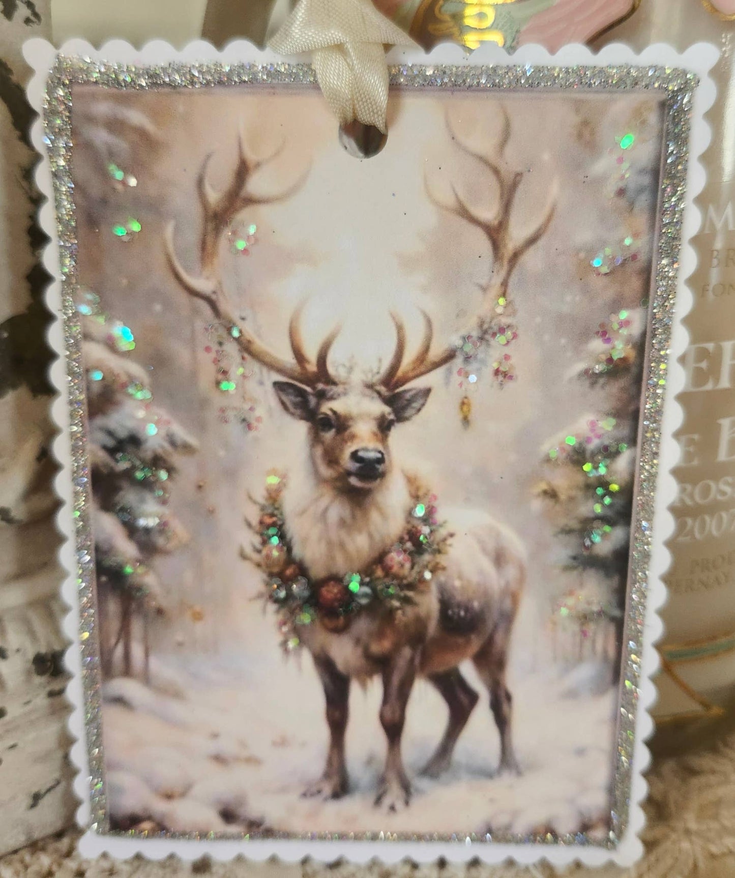 Christmas Gift Tag Gorgeous Deer n Wreath Glitter