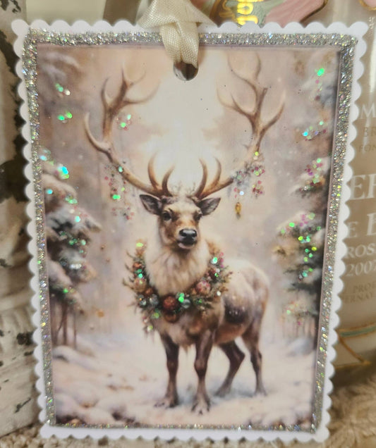 Christmas Gift Tag Gorgeous Deer n Wreath Glitter