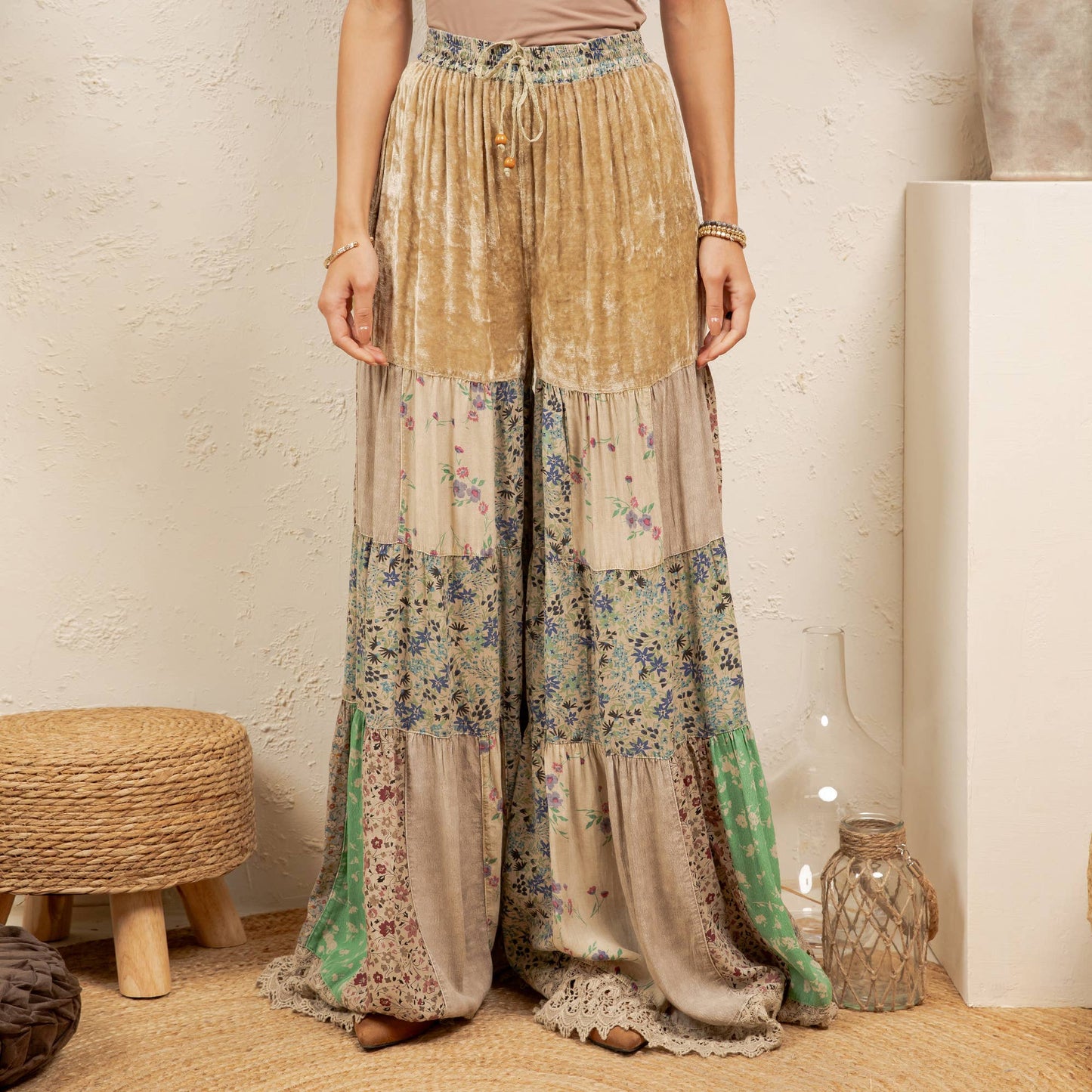 Boho Tiered Patchwork Flare Pant Velvet Drawstring Waist NEW