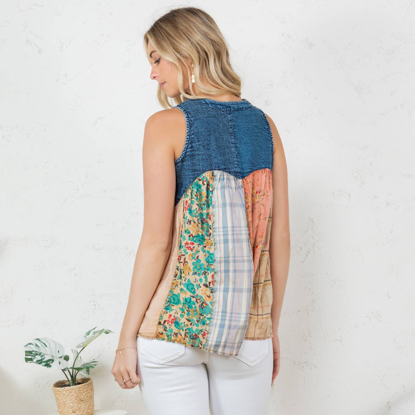 Chic V-Neck Front-Open Top with Artistic Patchwork