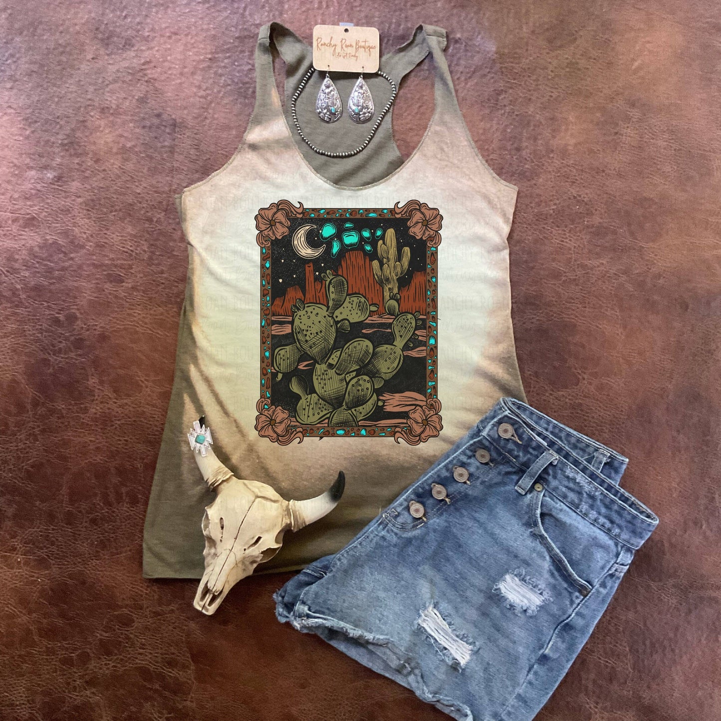 Tooled Leather Cactus Scene Racerback Tank