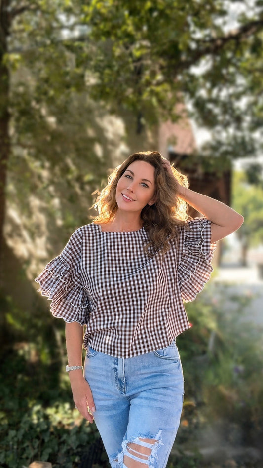 Charming Gingham Scallop Edge Wild Ruffle Cotton Top VT83548