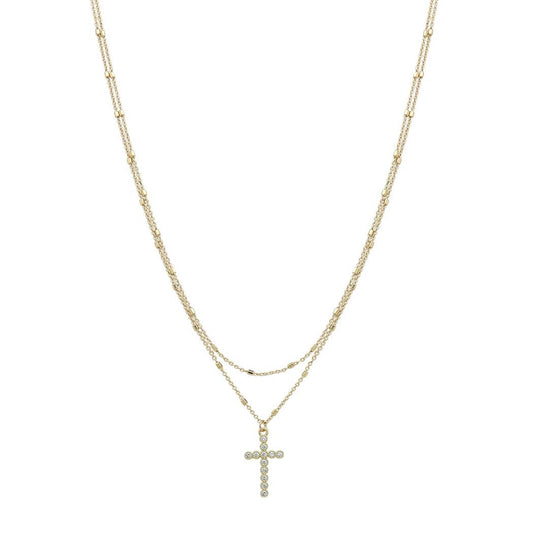 Pave cross charm double layered necklace