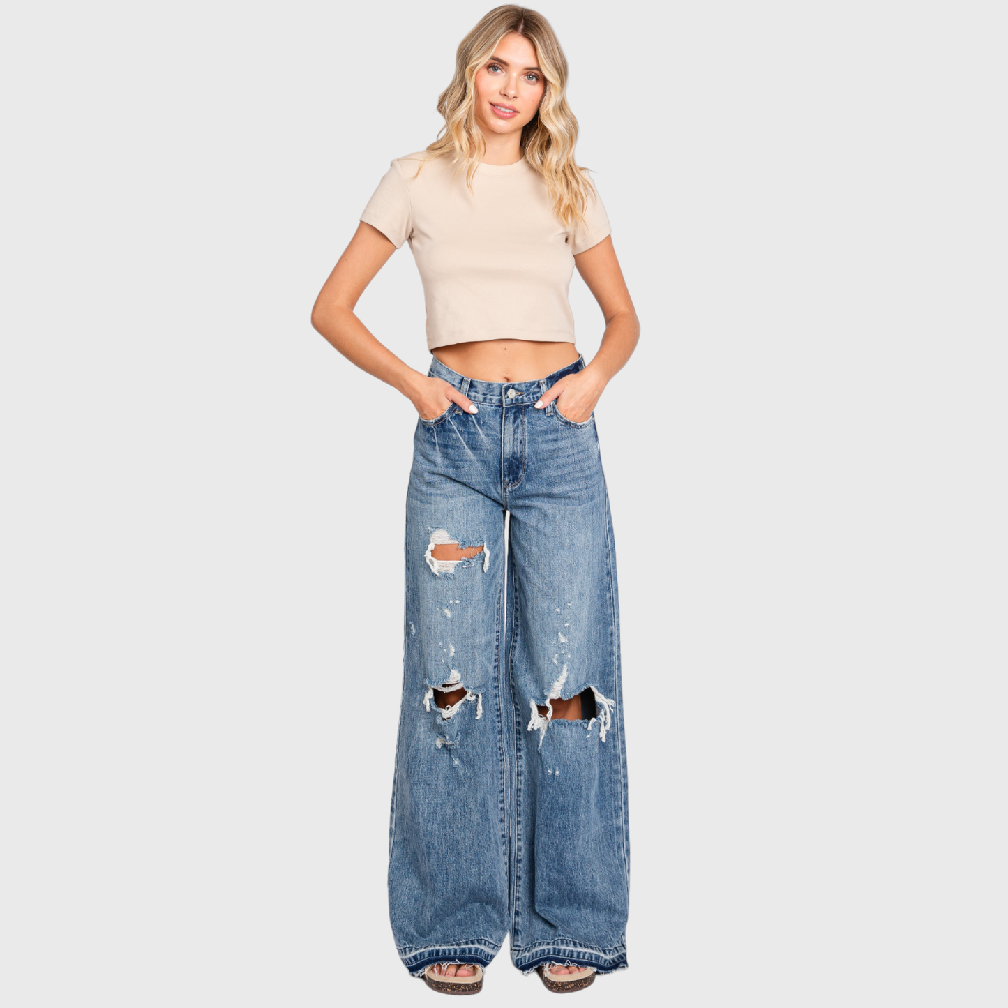 DISTRESSED HIGH RISE RIGID VINTAGE WIDE LEG JEANS