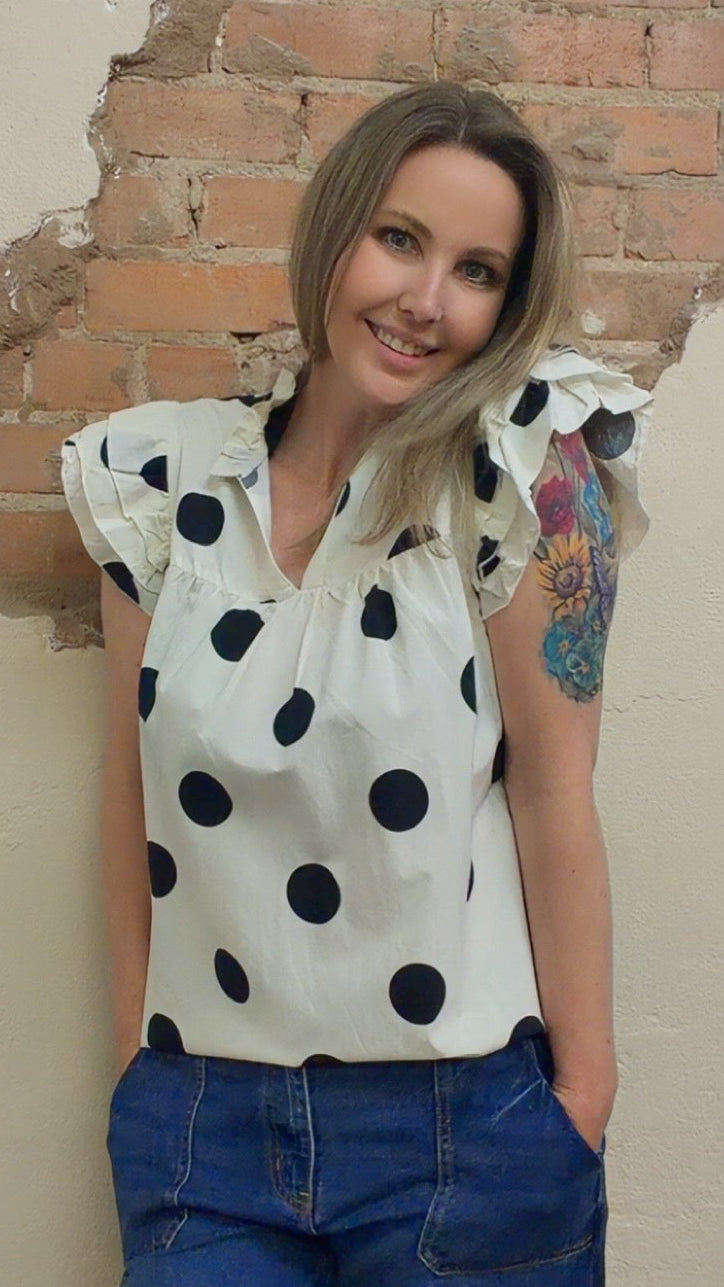 Polka Dot Print V Neck Ruffle Sleeve Blouse (S-XL)