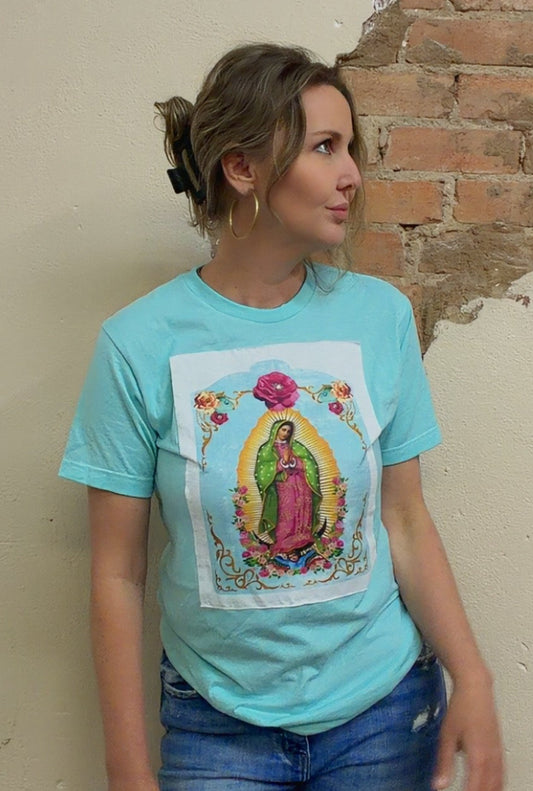 Lady of Guadalupe white tee patch on Ice Blue Crew