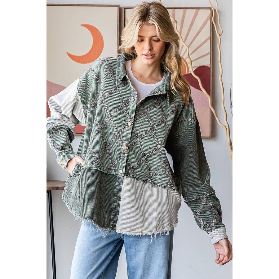 WASHED CORDUROY COLORBLOCK BUTTON DOWN SHACKET