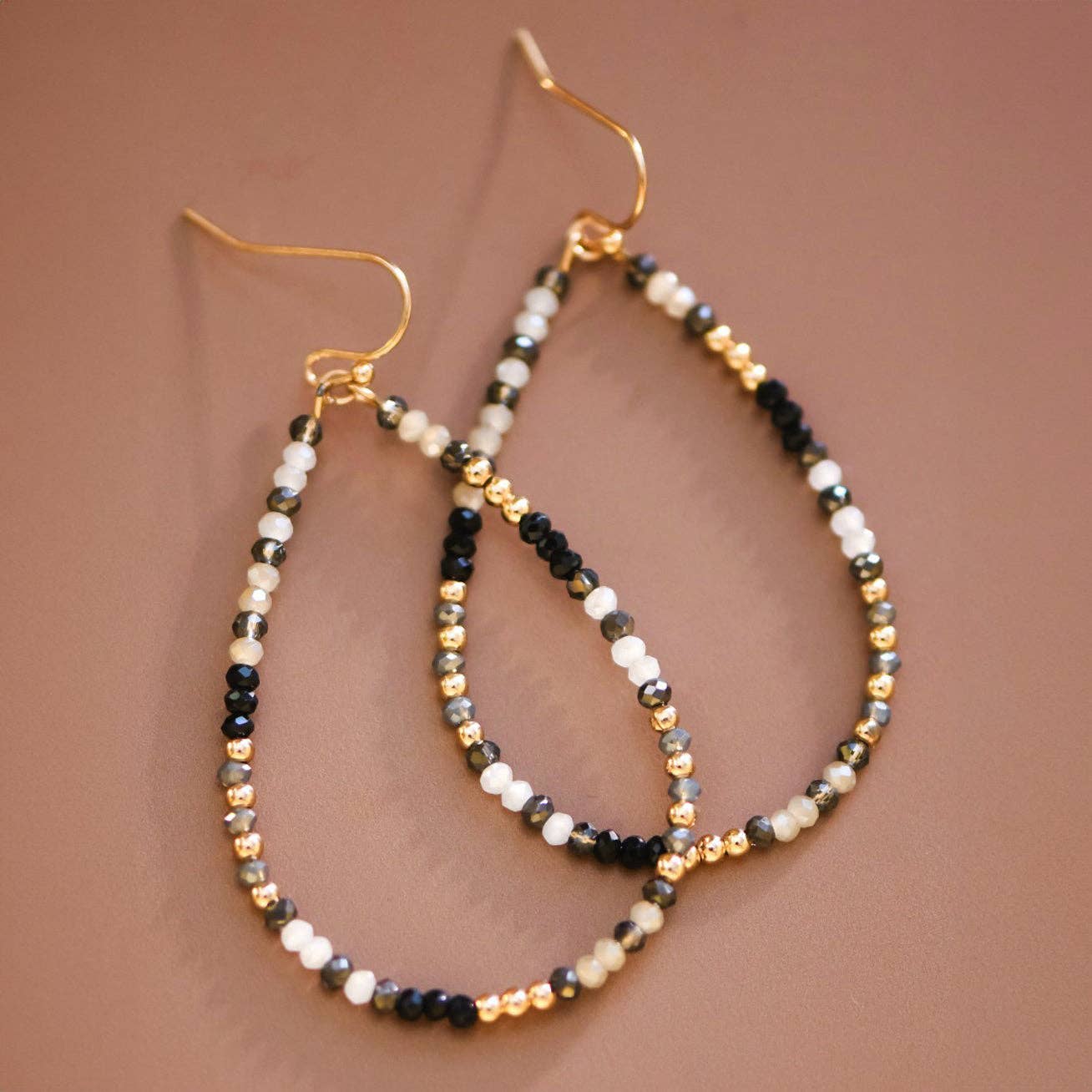 Teardrop Wire Beaded Glass Crystal Earrings - 7701