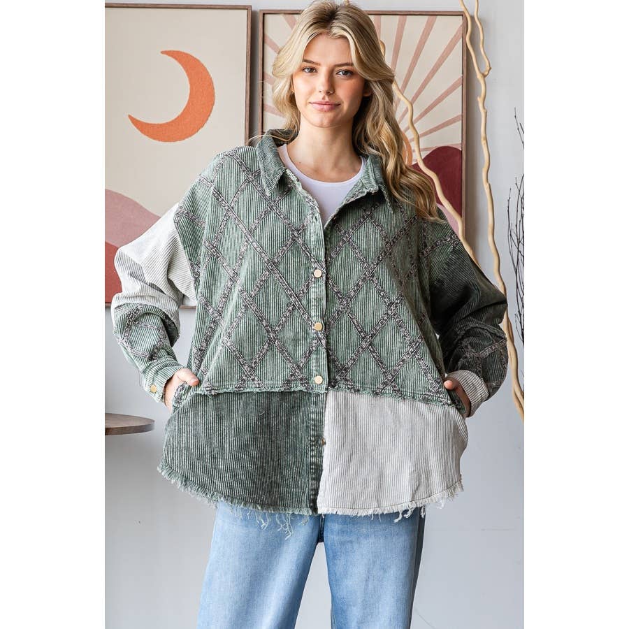 WASHED CORDUROY COLORBLOCK BUTTON DOWN SHACKET