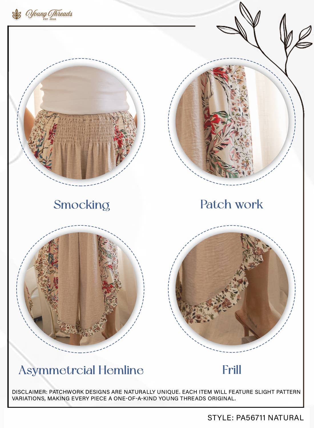 Artisan Boho Floral Panel Smocked Waist Wide-Leg Pants NEW