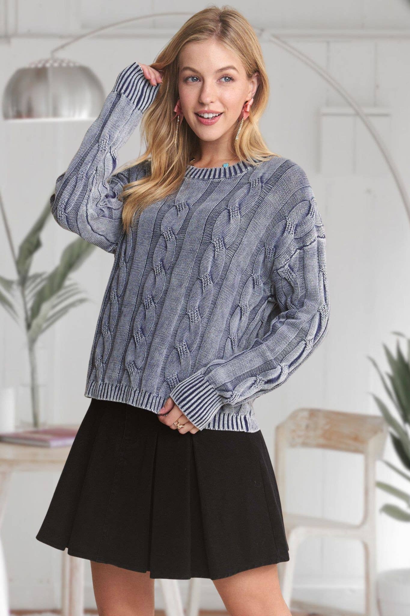 MINERAL WASHED CABLE KNIT SWEATER TOP