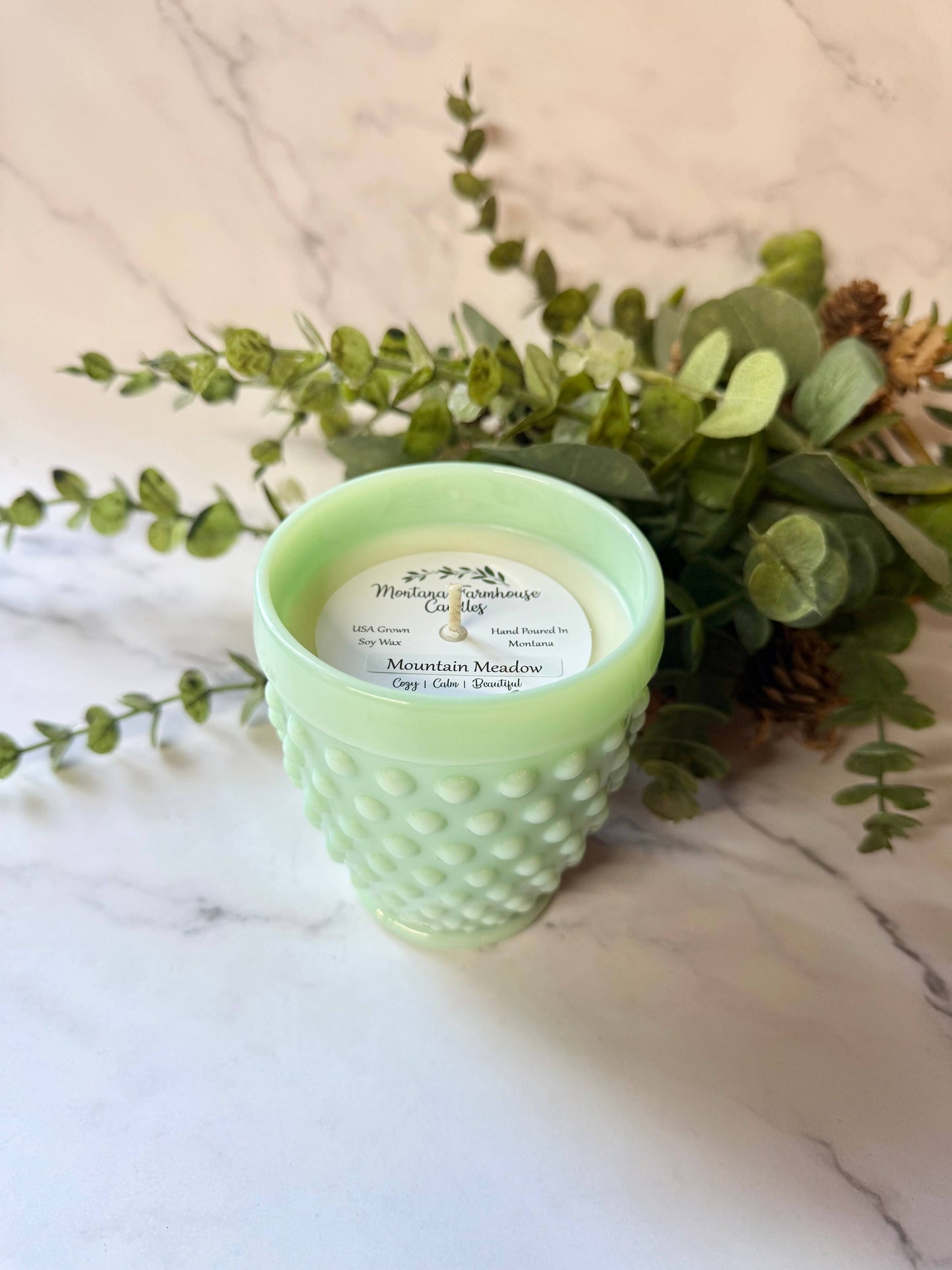 Green "Jadeite" Hobnail Tumbler Candle - 9 ounces.