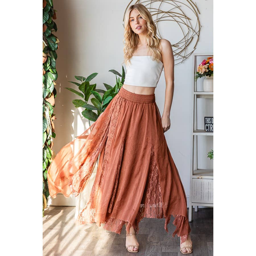 CHIFFON LACE MIXED OVERLAY A-LINE MIDI SKIRT