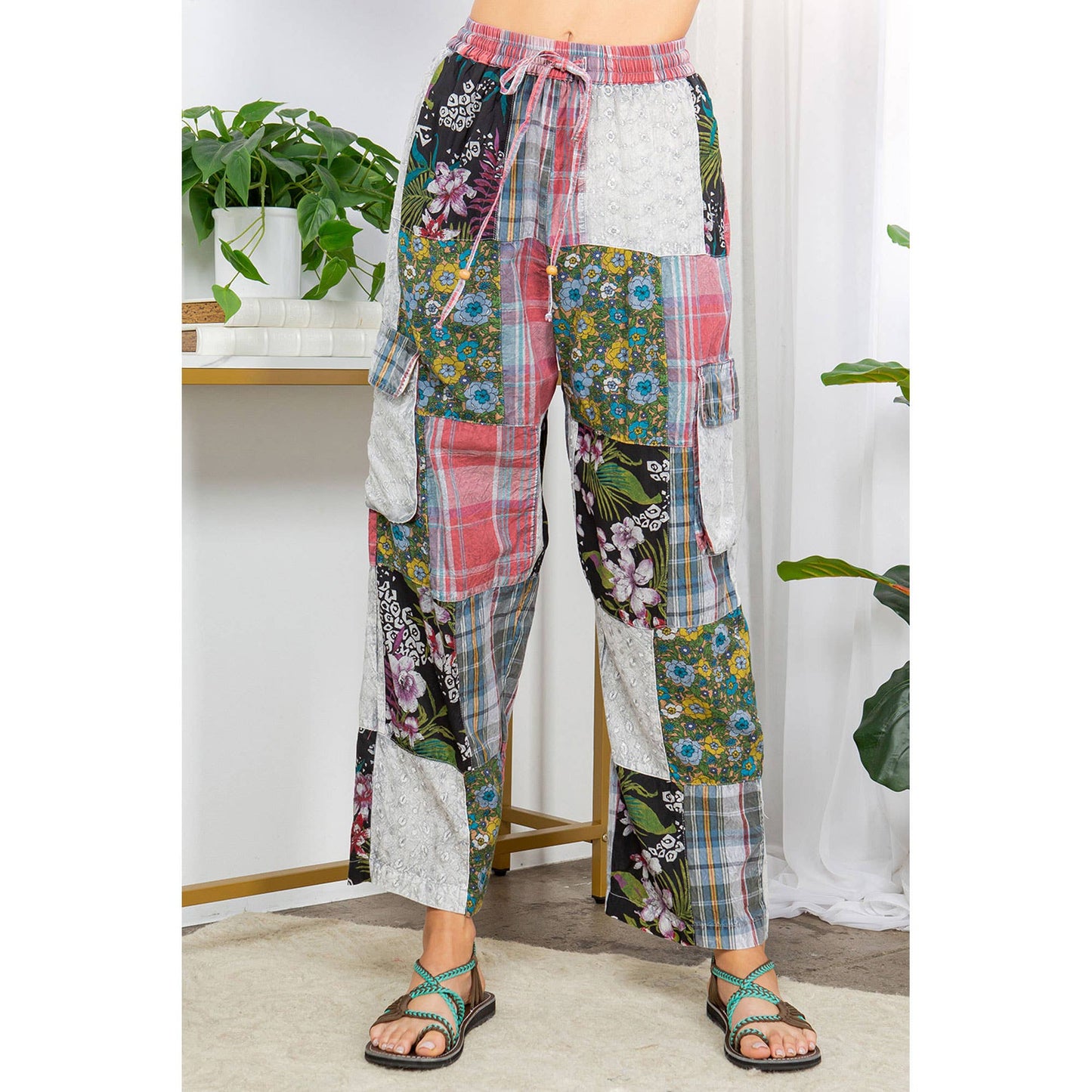 Bohemian Patchwork Straight Pant Plaid & Schiffli Embroidery