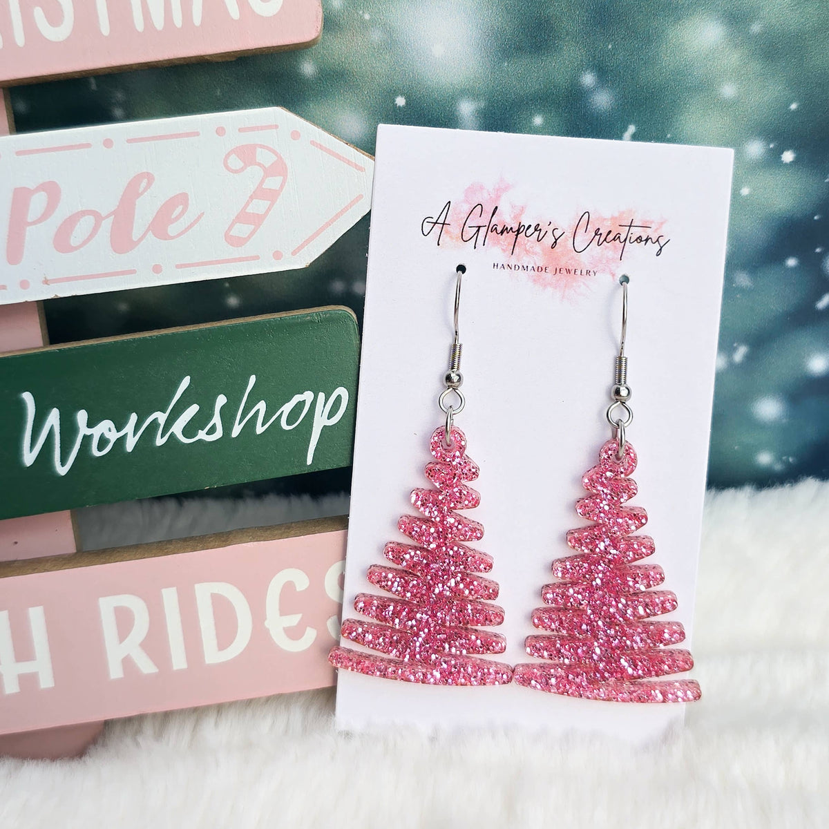 Pink Glitter Christmas Ribbon Tree Acrylic Earrings
