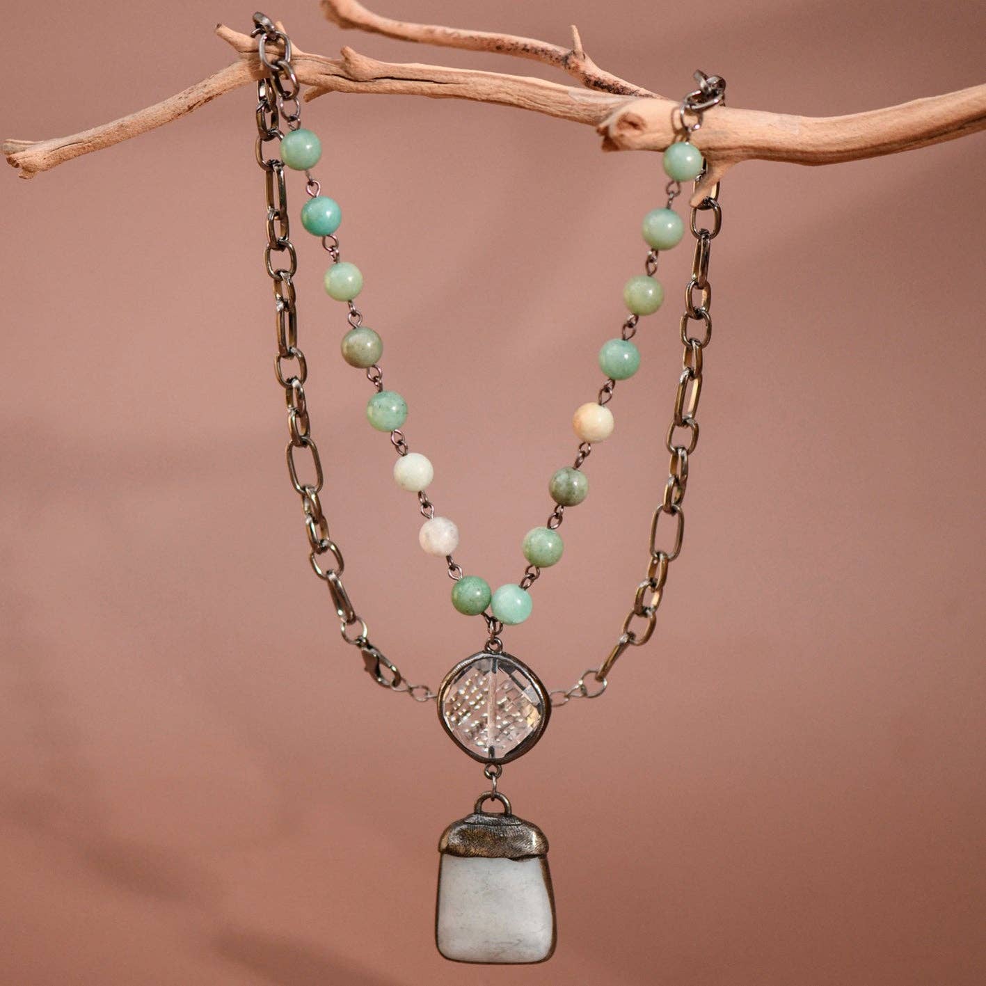 Natural Stone Pendant Beaded Chain Link Necklace - 6463